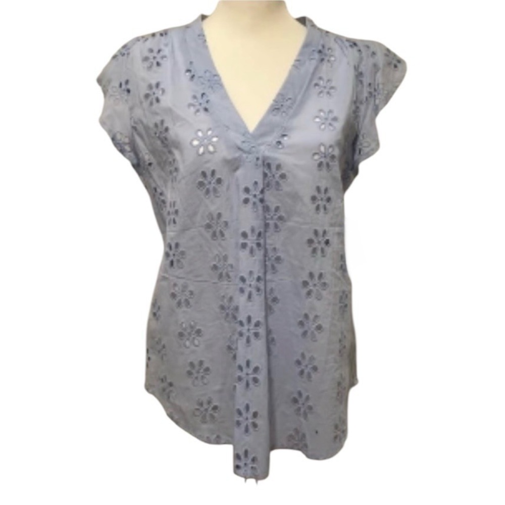 CeCe Light Blue Cotton Flutter Sleeve Eyelet Blouse Size XL